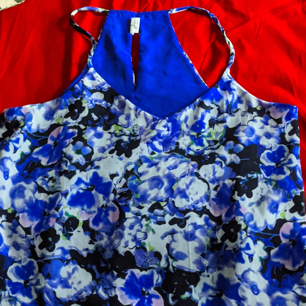 Medium Japna Blue Floral Sleeveless v neck lined tank top